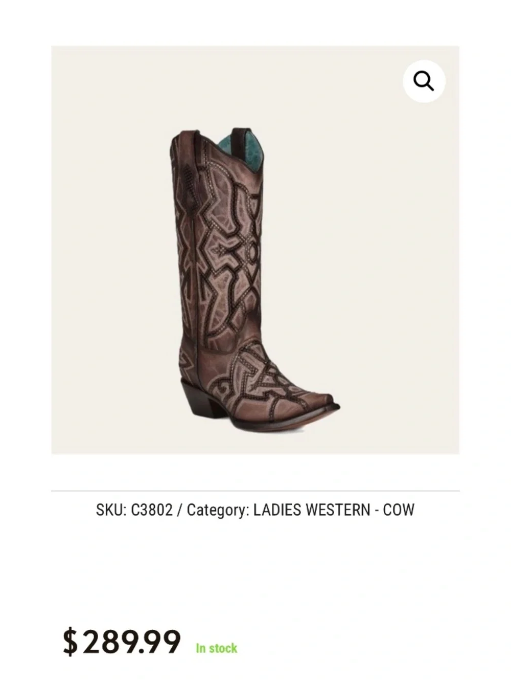 Corral Women’s Laser-Cut Embroidered Snip Toe Western Boot SKU C3802